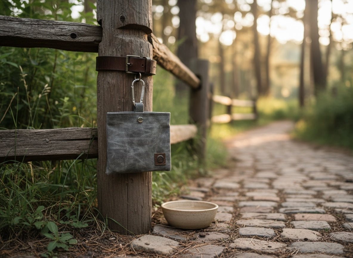 Small bag hanging on a wooden post with a bowl on a stone path in a forest