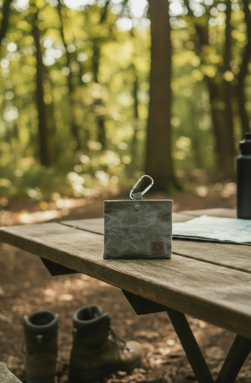 Small rectangular pouch on a wooden table in a forest setting