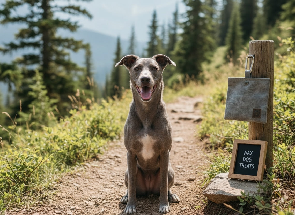 Dog sitting on a trail with a wooden sign and treat bag in the background