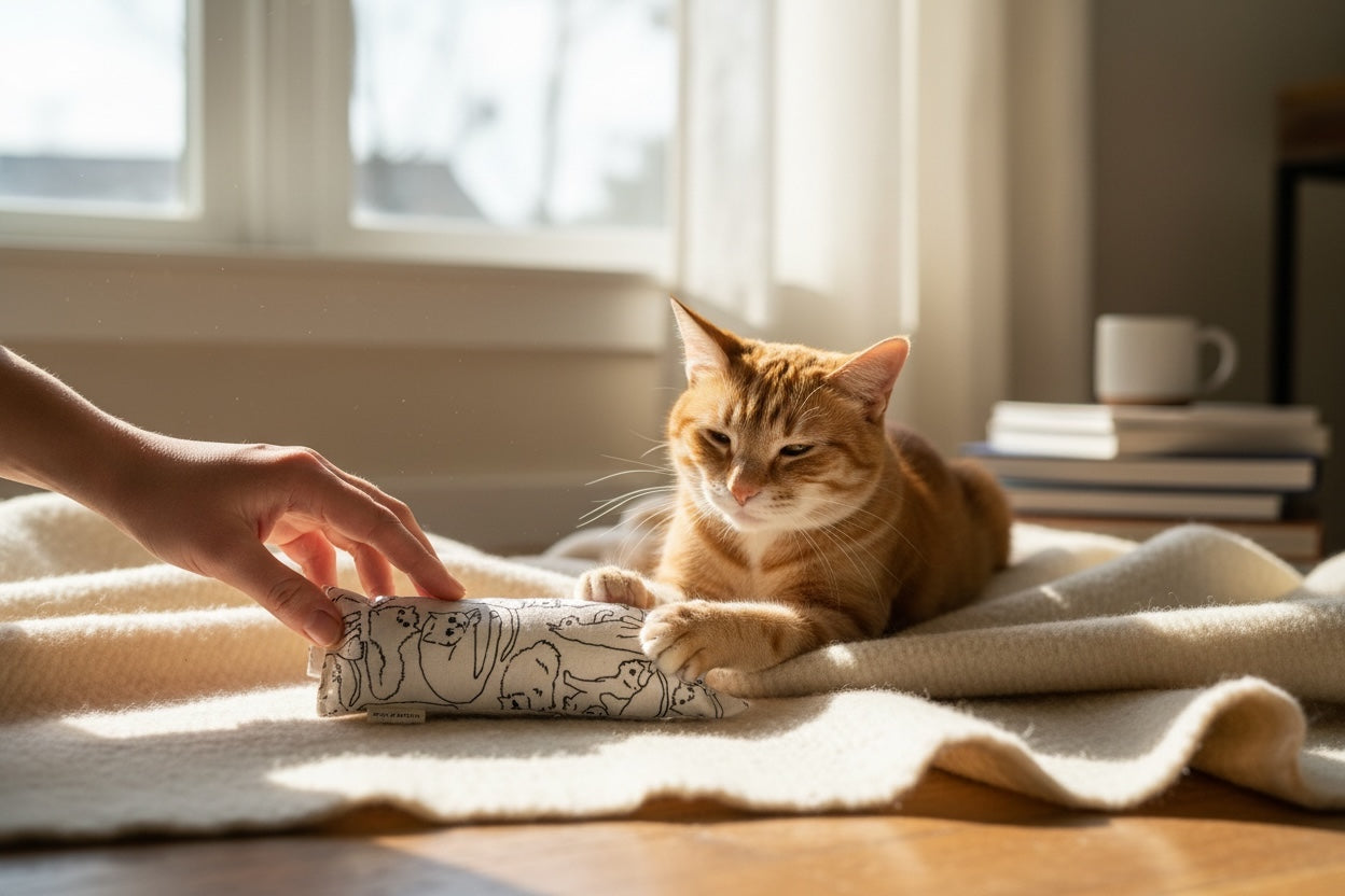 Cat lying on a blanket next to a person's hand, with a cup and books in the background.