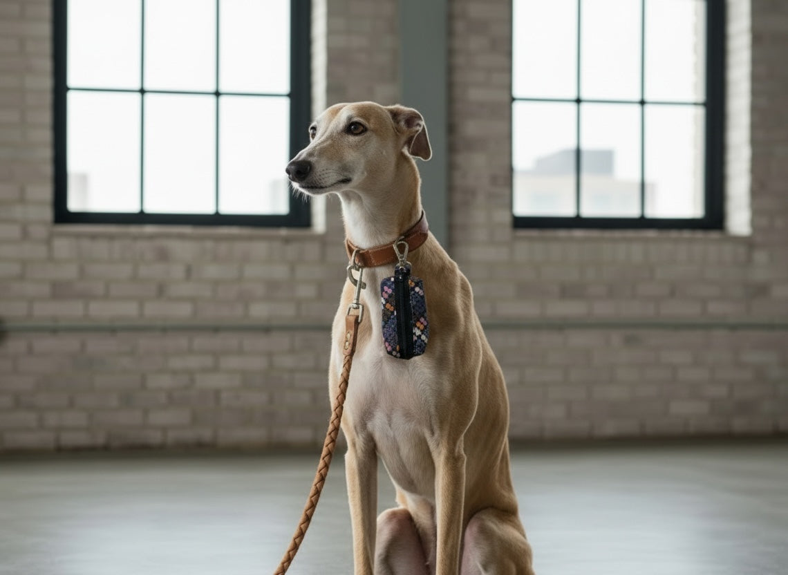 A light tan greyhound dog sits indoors on a smooth floor in front of a brick wall with large black-framed windows. The dog is wearing a brown collar with a patterned blue and red leash holder and a braided tan leash attached.