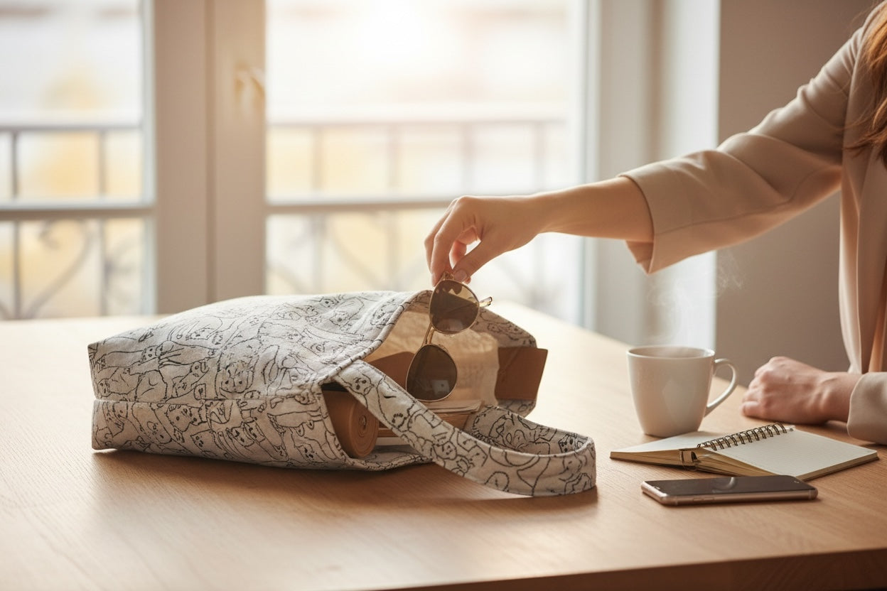Person reaching into a patterned bag on a table with a cup and phone nearby.