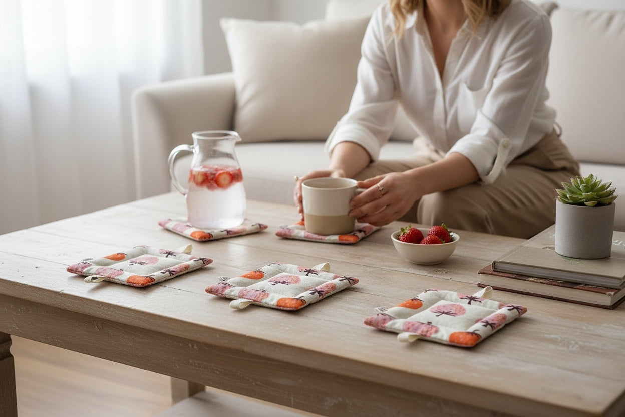 Person sitting on a couch with a table in front of them, holding a cup.