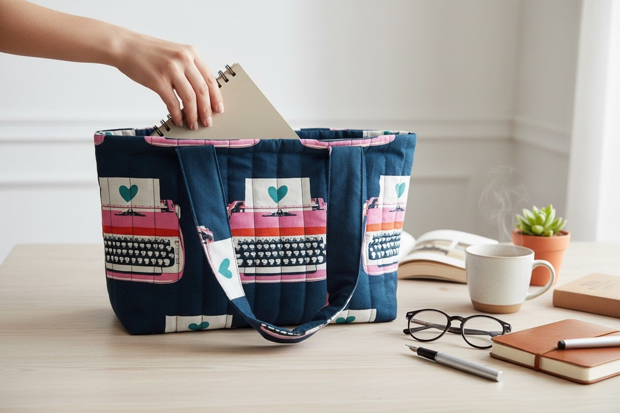 Person organizing items into a decorative fabric basket on a desk with stationery items.