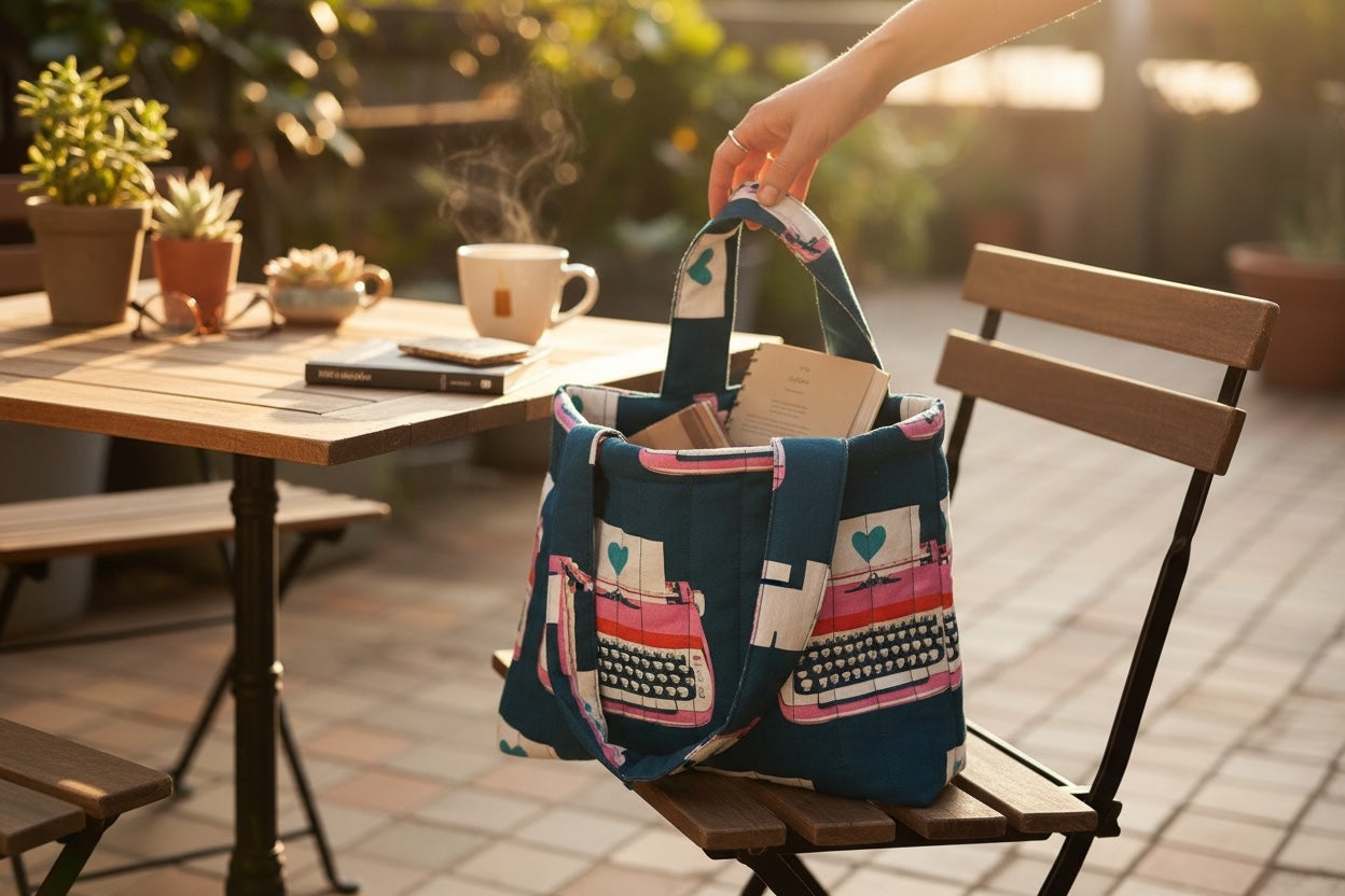 Person holding a colorful tote bag with a table and chair in the background