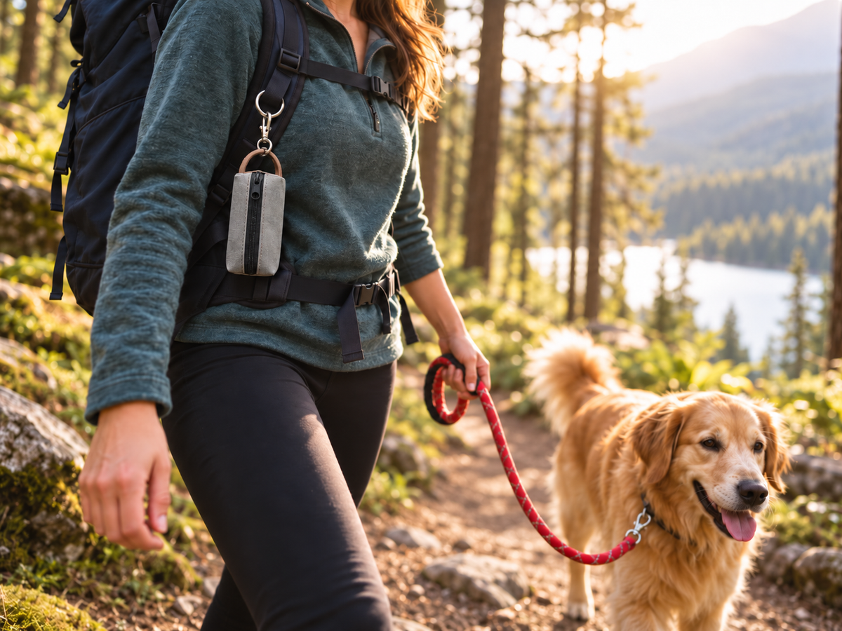 A woman hiking on a forest trail with a golden retriever dog, wearing a teal long-sleeve top, black leggings, and a dark backpack. She is holding a red leash with a small rectangular device clipped to her waist.